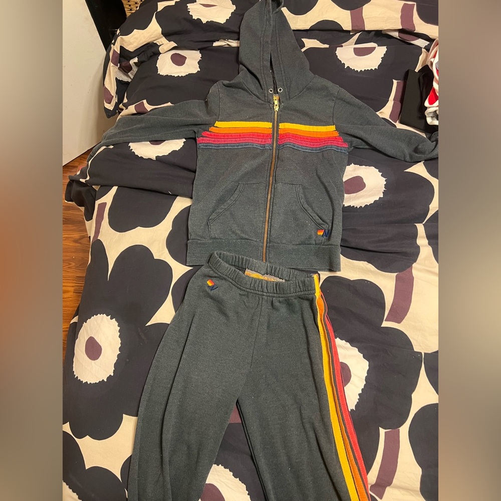 Aviator Nation Kids Dark Gray Joggers and Matching Hoodie with Rainbow Stripes